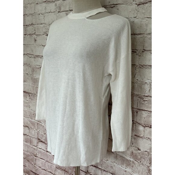 Halogen Ivory Crewneck Pullover Knit Sweater Cutout Neck 3/4 Sleeve  Size XS NEW - Picture 3 of 4